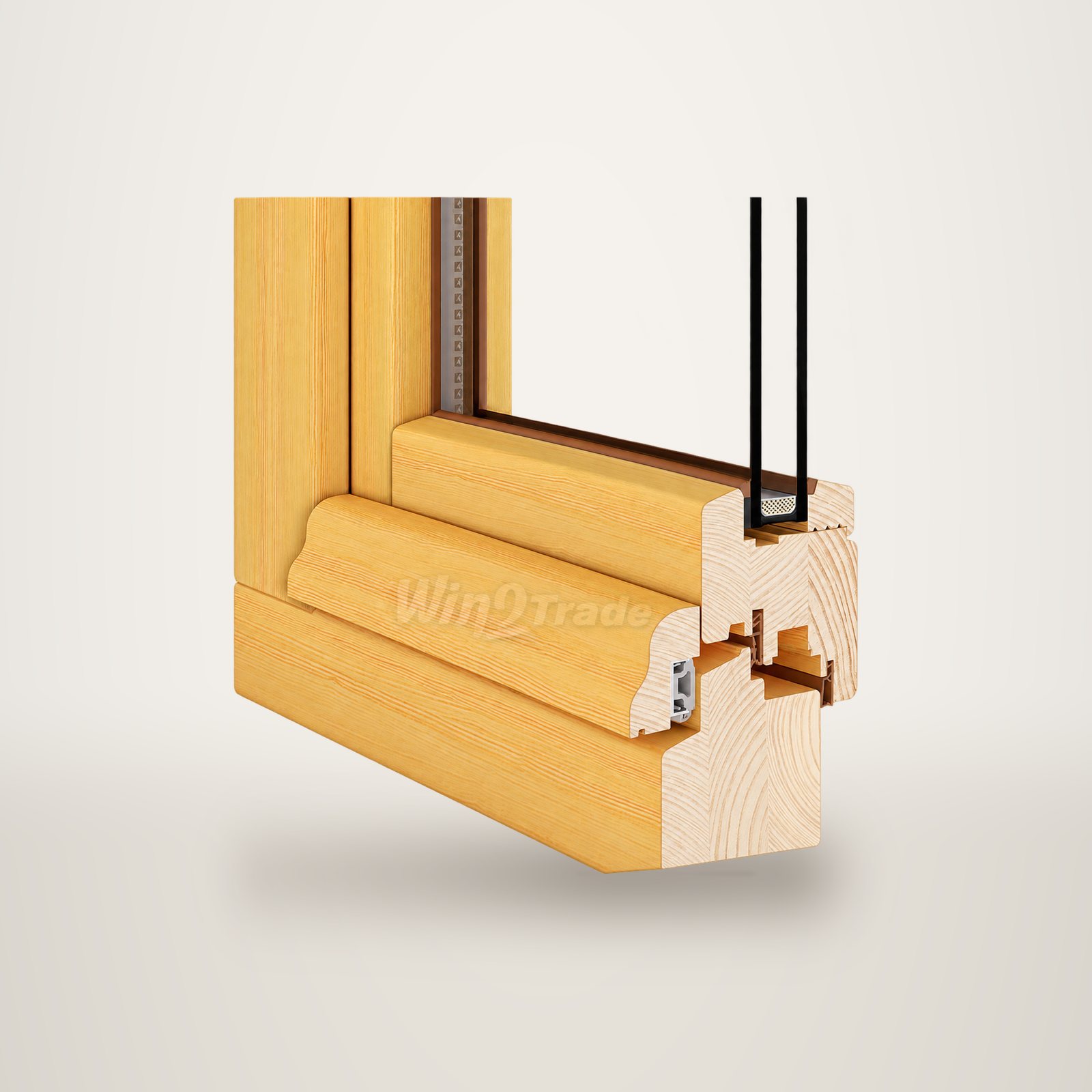 Rendu en coupe d'un angle de fenêtre en bois clair montrant le profil du cadre, le joint et le double vitrage sur fond blanc.