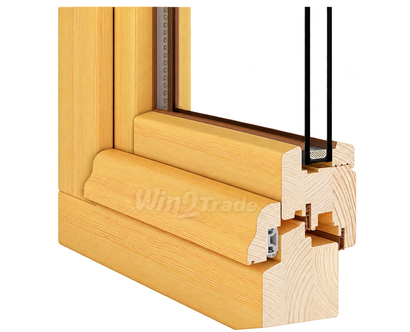 Rendu en coupe d'un angle de fenêtre en bois clair montrant le profil du cadre, le joint et le double vitrage sur fond blanc.