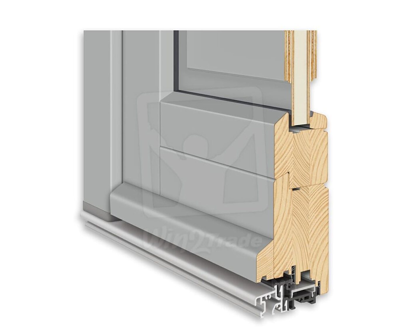 Rendu en coupe du bas d'une porte en bois peinte en gris, montrant le profil en bois massif, le seuil en aluminium et les joints, sur fond blanc.