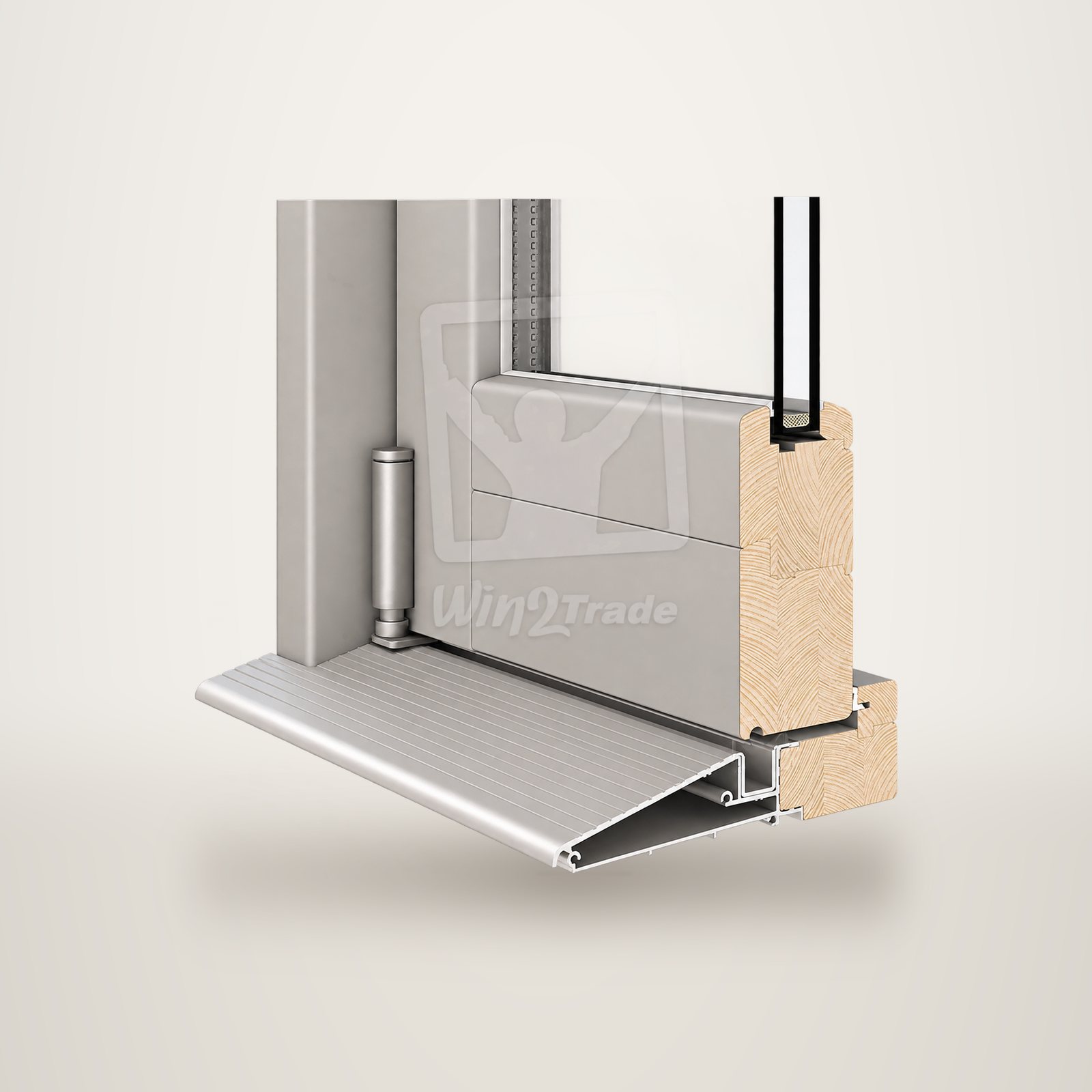 Rendu 3D en coupe d'un bas de porte vitrée en bois lamellé avec double vitrage, charnière et seuil en aluminium, sur fond blanc.