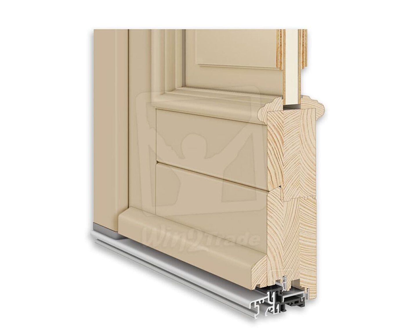 Rendu 3D en coupe du bas d'une porte en bois clair à panneaux, montrant le bois lamellé et le seuil en aluminium.