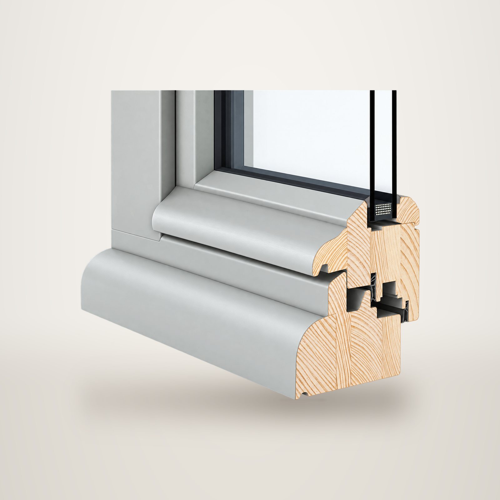 Rendu en coupe d'un angle de fenêtre en bois peint en gris clair avec double vitrage et joints visibles.