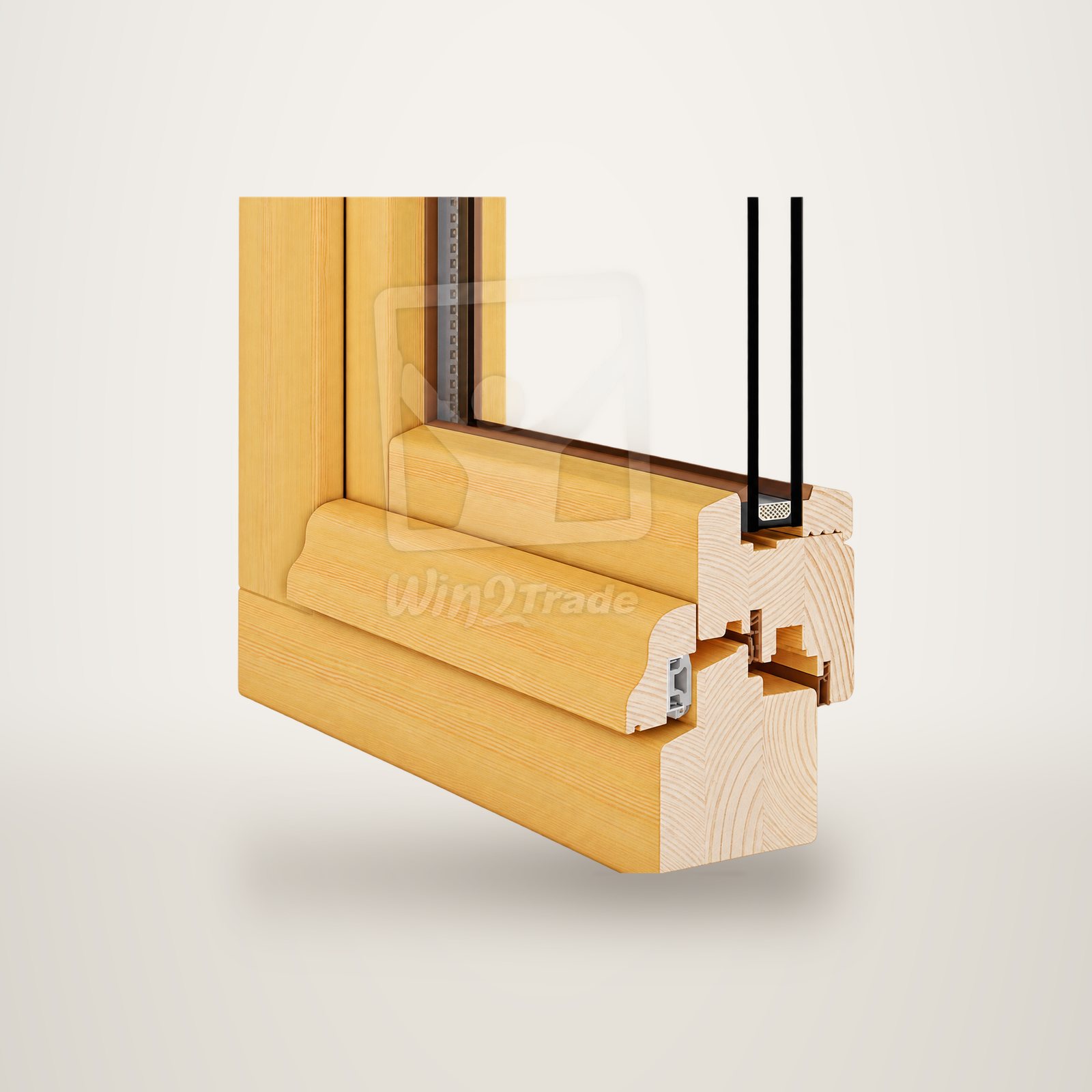 Coupe d'un angle de fenêtre en bois clair montrant le profil du cadre, le joint et le double vitrage, sur fond blanc.