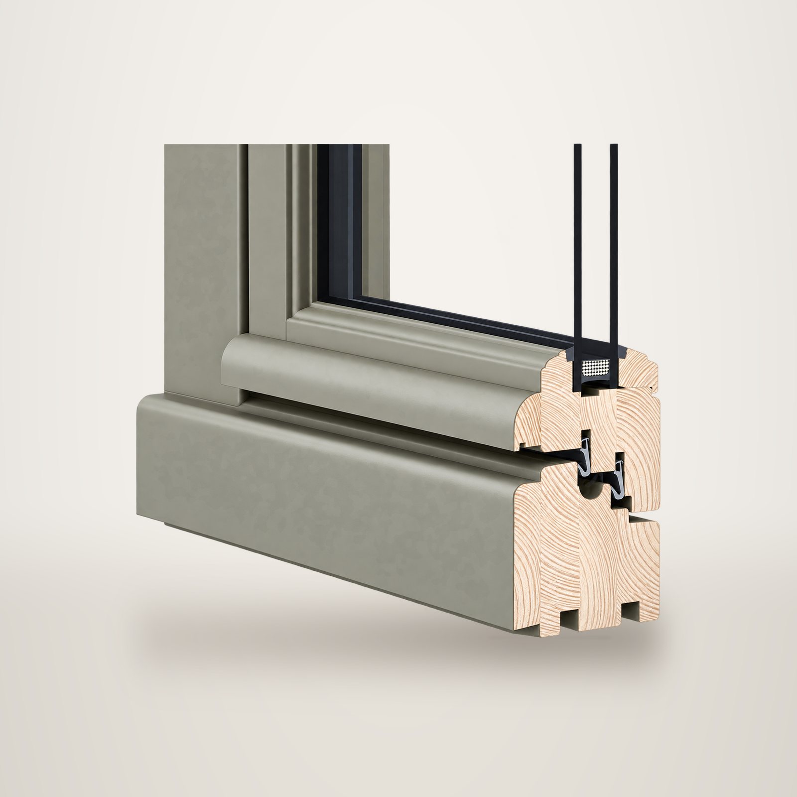 Rendu en coupe d'un angle de fenêtre en bois peint en gris-beige, montrant le double vitrage, les joints d'étanchéité et le bois lamellé.