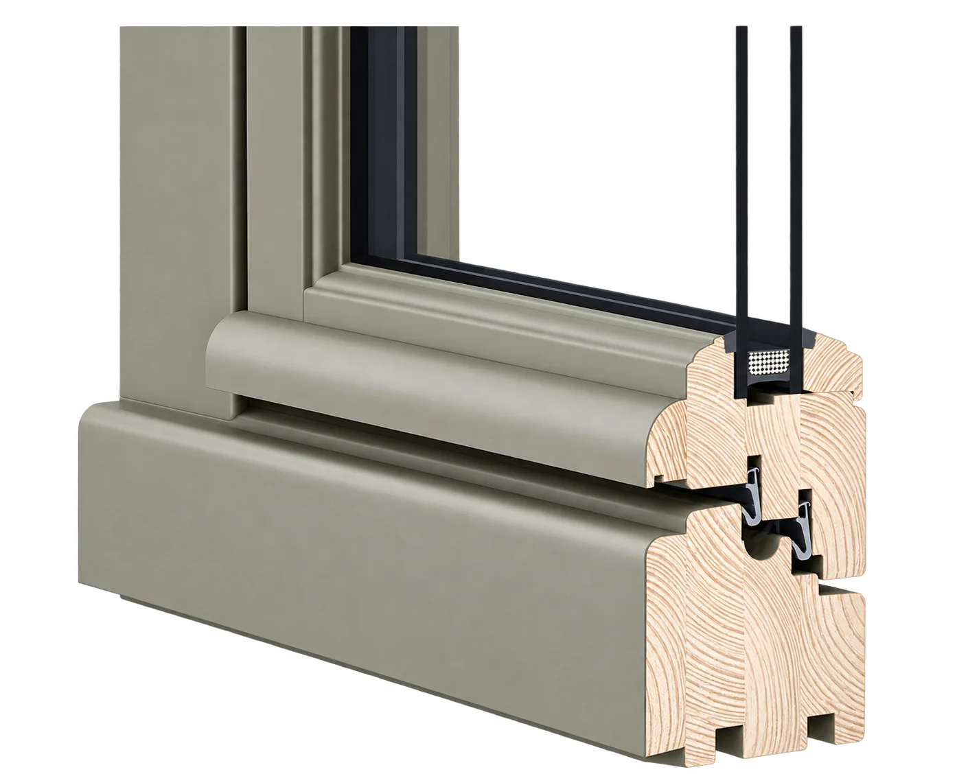Rendu en coupe d'un angle de fenêtre en bois peint en gris-beige, montrant le double vitrage, les joints d'étanchéité et le bois lamellé.