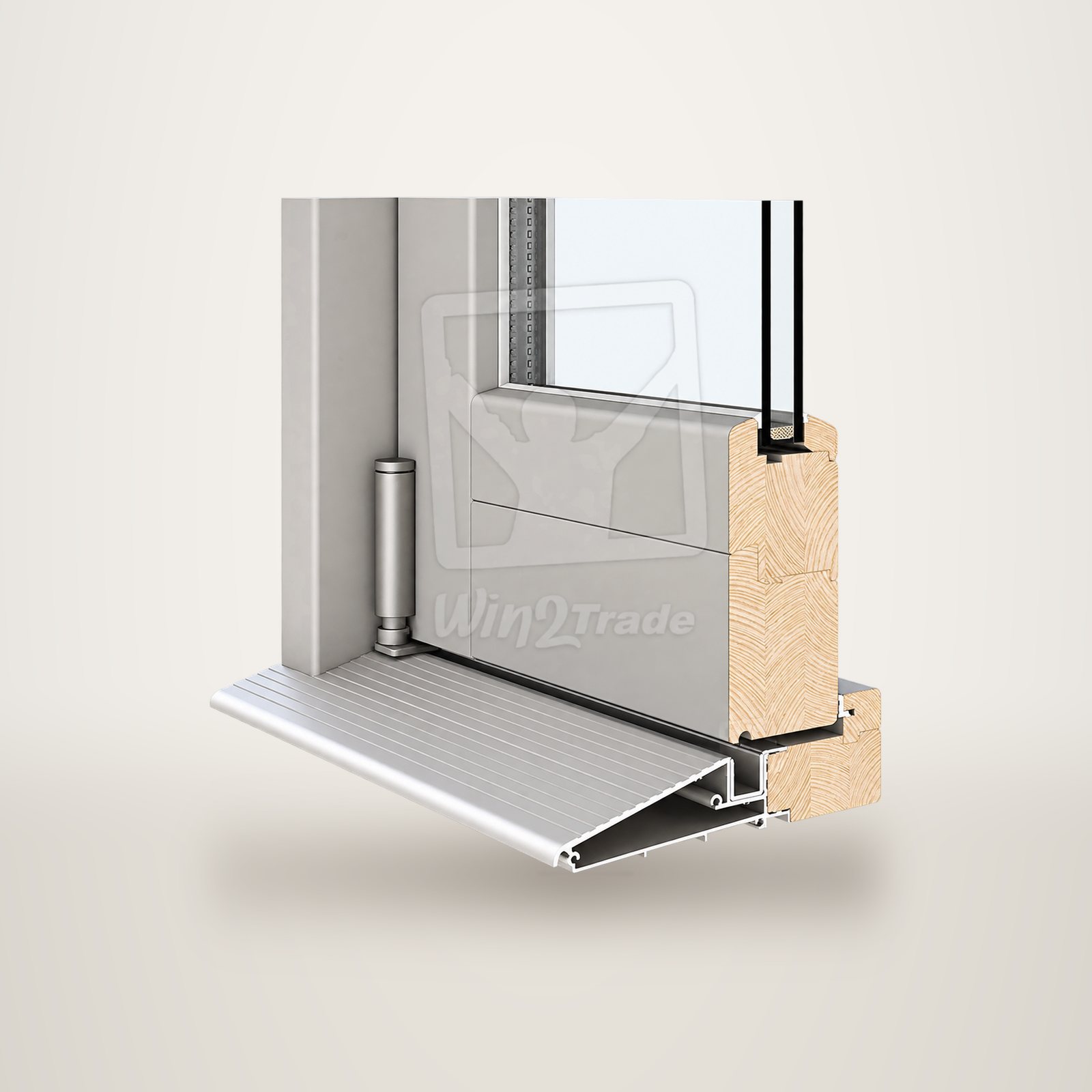 Vue en coupe d'une porte en bois clair avec double vitrage, charnière métallique et seuil en aluminium sur fond blanc.