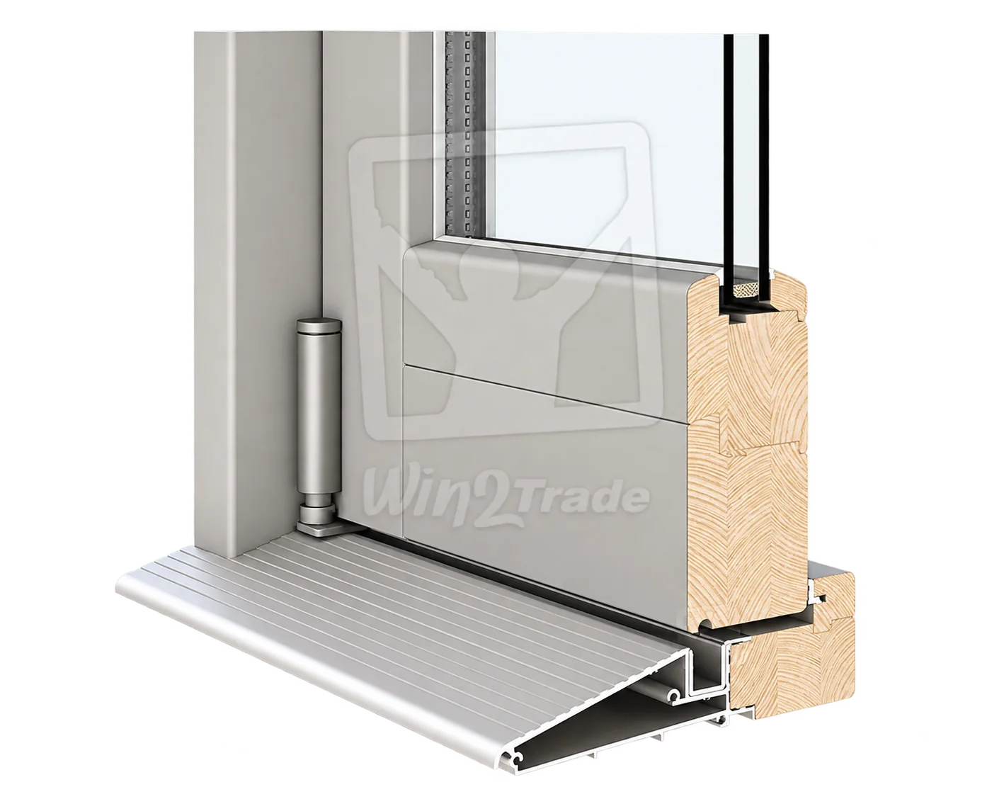 Vue en coupe d'une porte en bois clair avec double vitrage, charnière métallique et seuil en aluminium sur fond blanc.