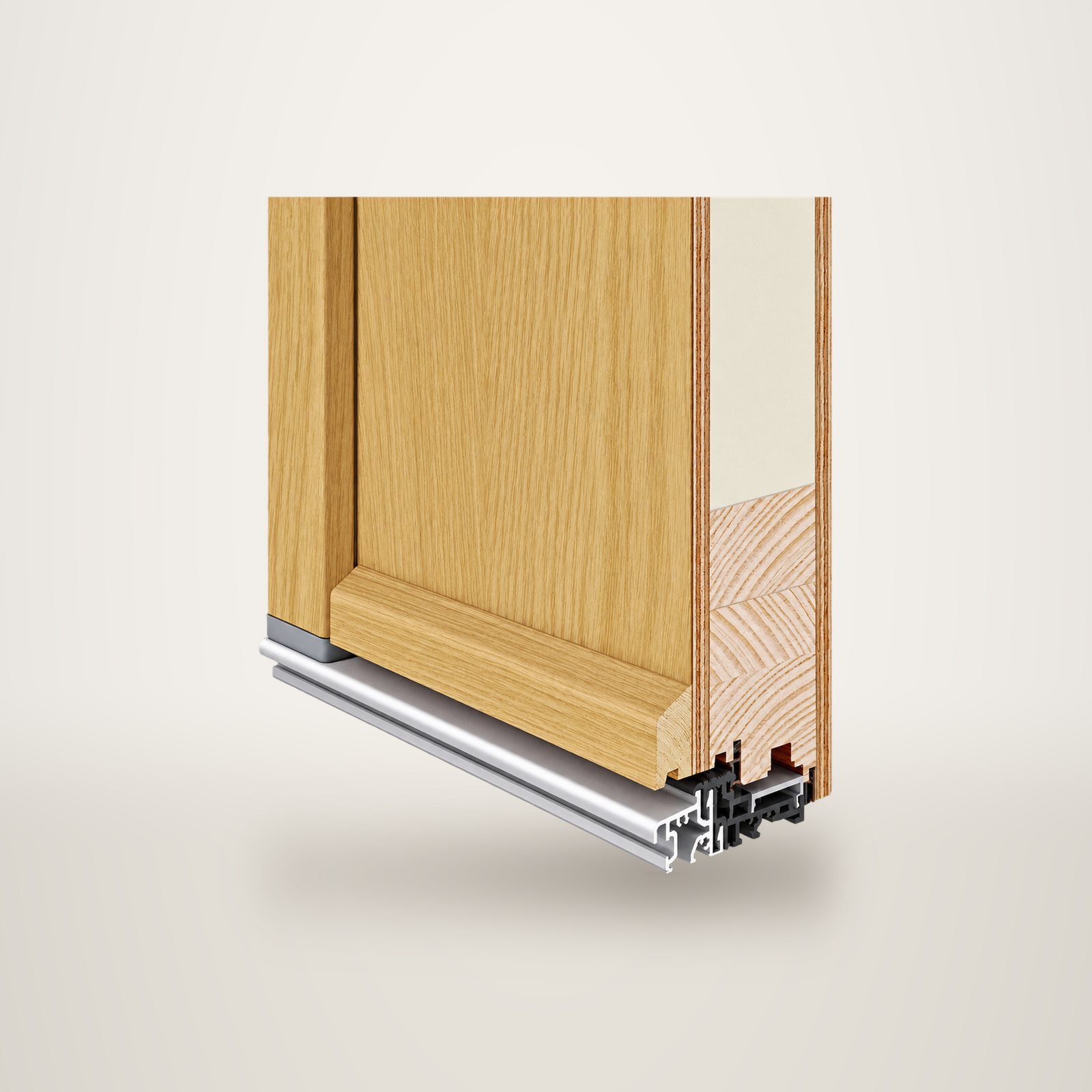 Rendu en coupe du bas d'une porte en chêne clair montrant les couches de bois, l'isolant crème et le seuil en aluminium.