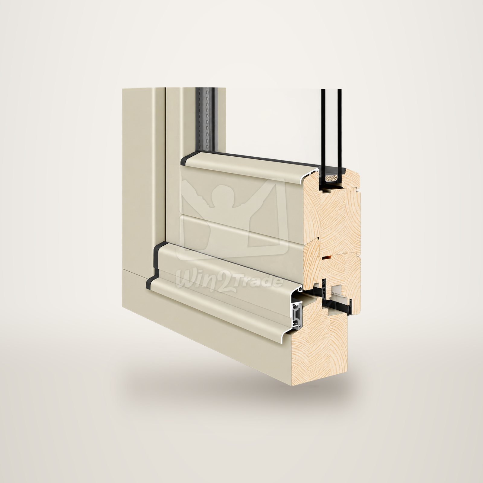 Vue en coupe d'un profilé de fenêtre en bois lamellé avec habillage extérieur beige et double vitrage, avec un filigrane Win2Trade.