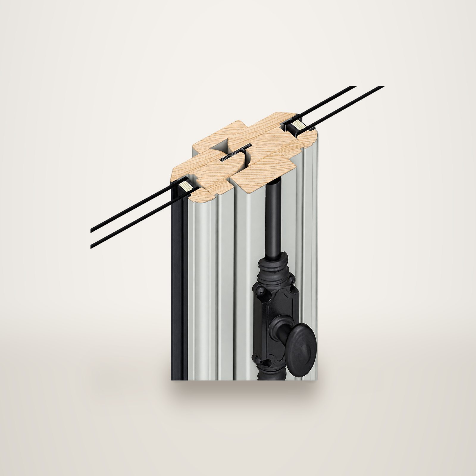 Illustration en coupe d'un montant de fenêtre mixte bois et aluminium, avec double vitrage et une crémone en fer noir.