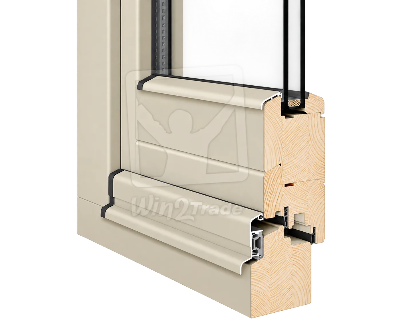 Vue en coupe d'un angle de fenêtre en bois lamellé avec habillage extérieur aluminium beige et double vitrage, sur fond blanc.