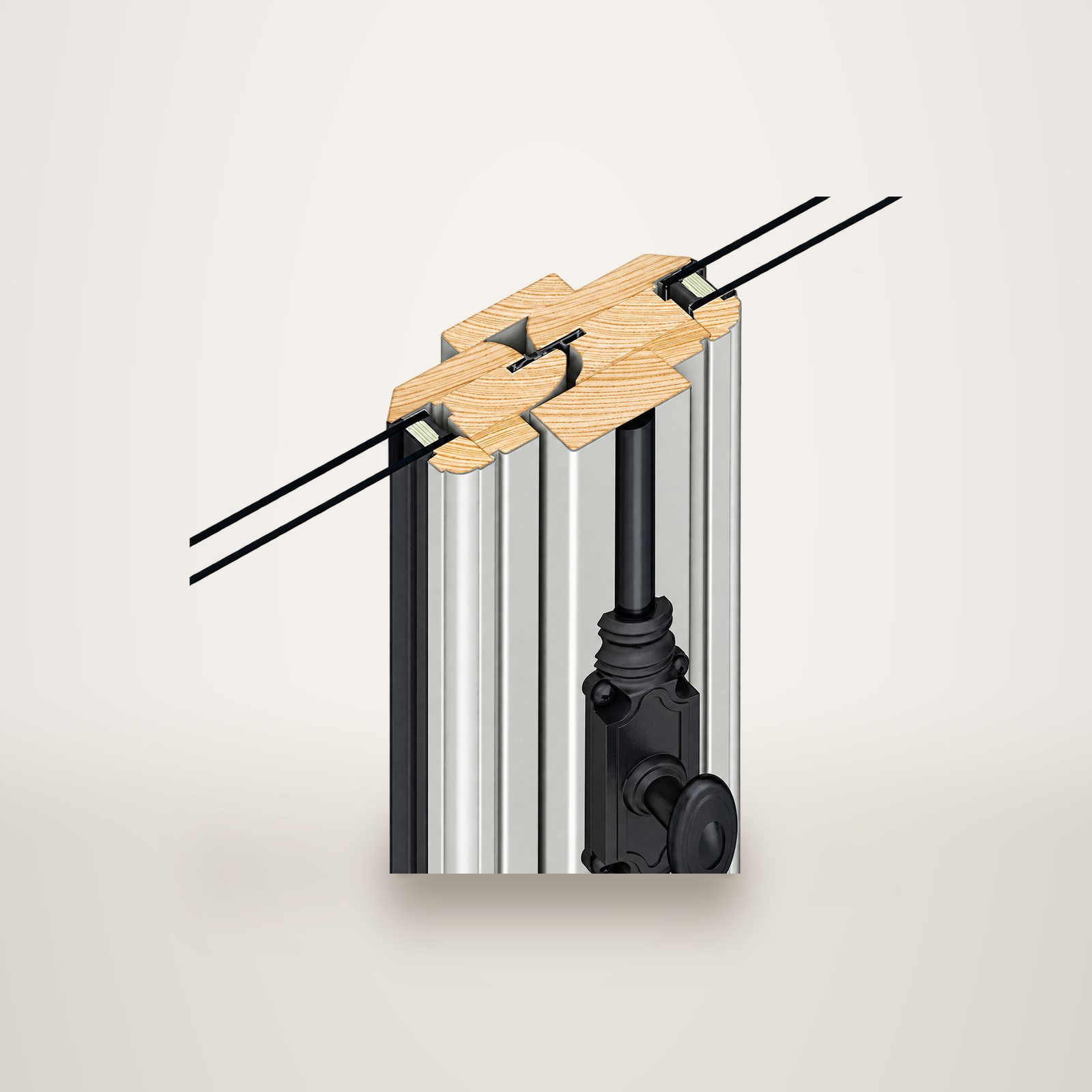 Illustration en coupe d'un profilé de fenêtre mixte bois et aluminium avec double vitrage et une espagnolette noire.
