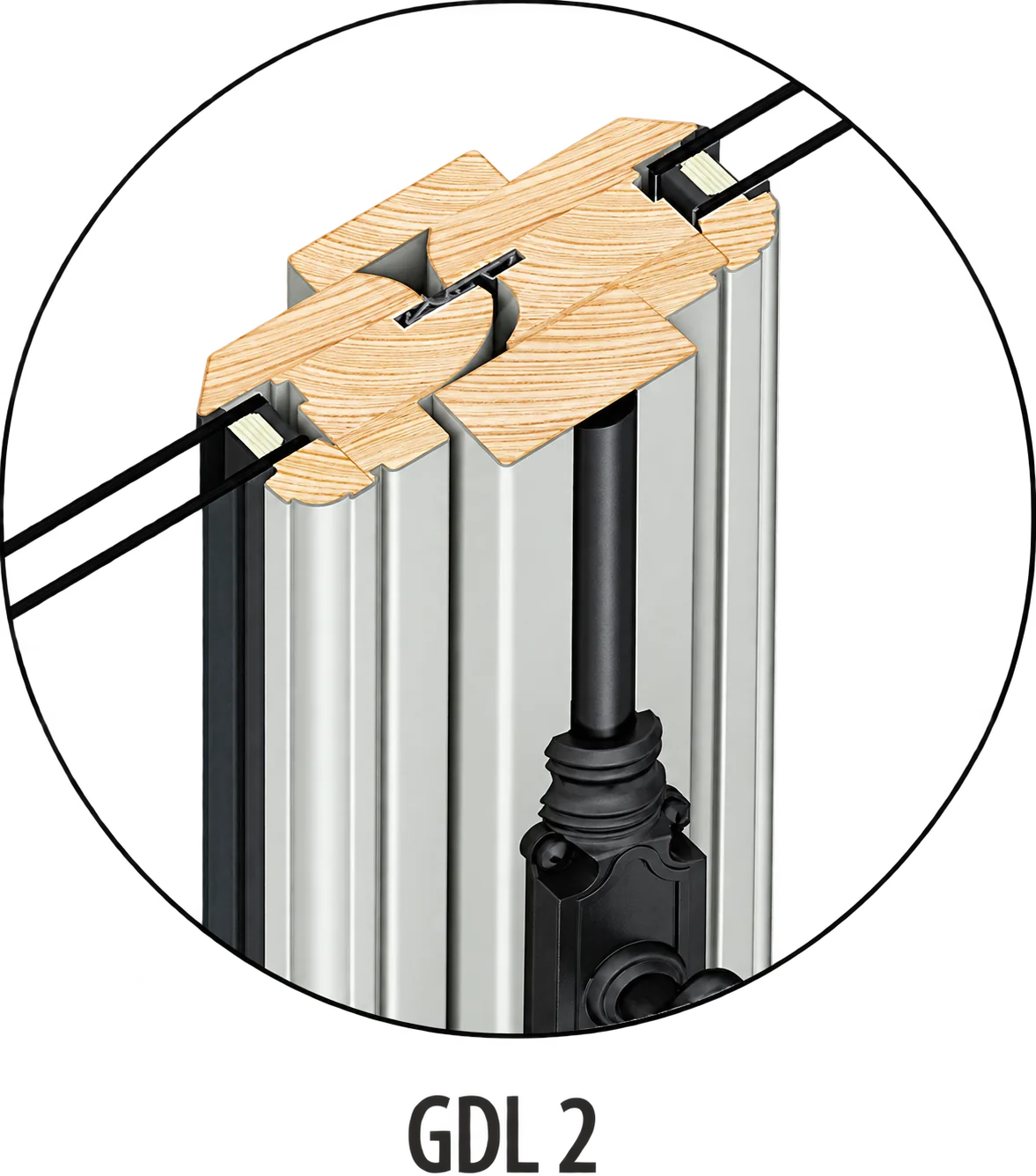 Schéma en coupe d'un profilé de fenêtre mixte bois et aluminium avec double vitrage, référence GDL 2.