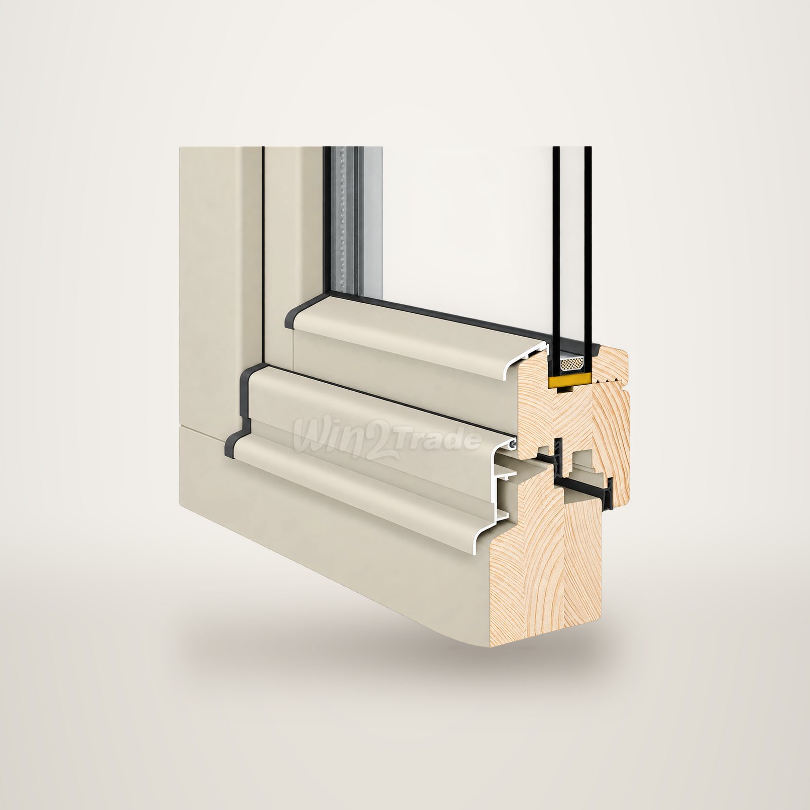 Vue en coupe d'un profilé de fenêtre en bois laqué beige avec double vitrage et joints, sur fond blanc.