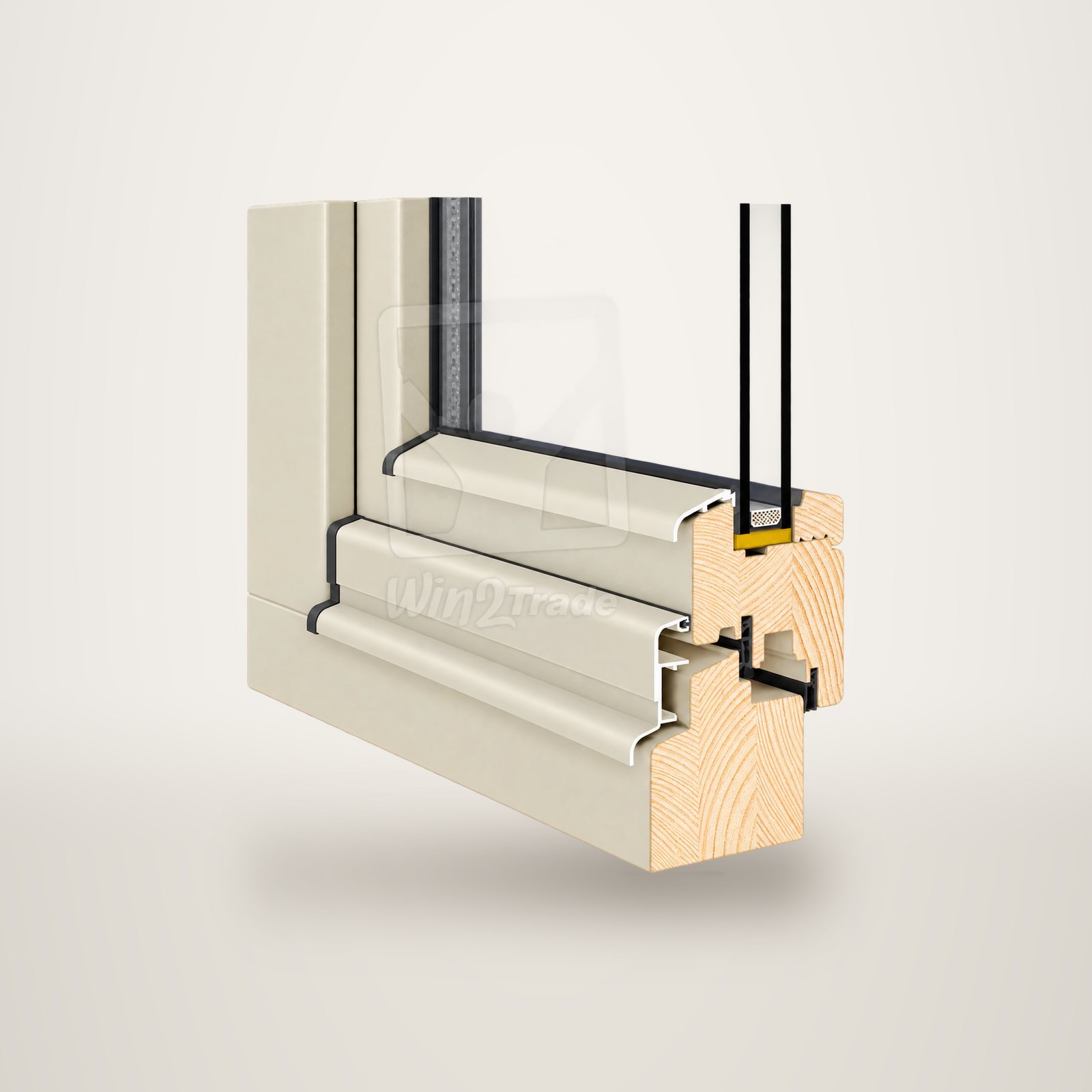 Coupe en angle d'un profilé de fenêtre en bois lasuré beige clair montrant le double vitrage et la structure interne du cadre.