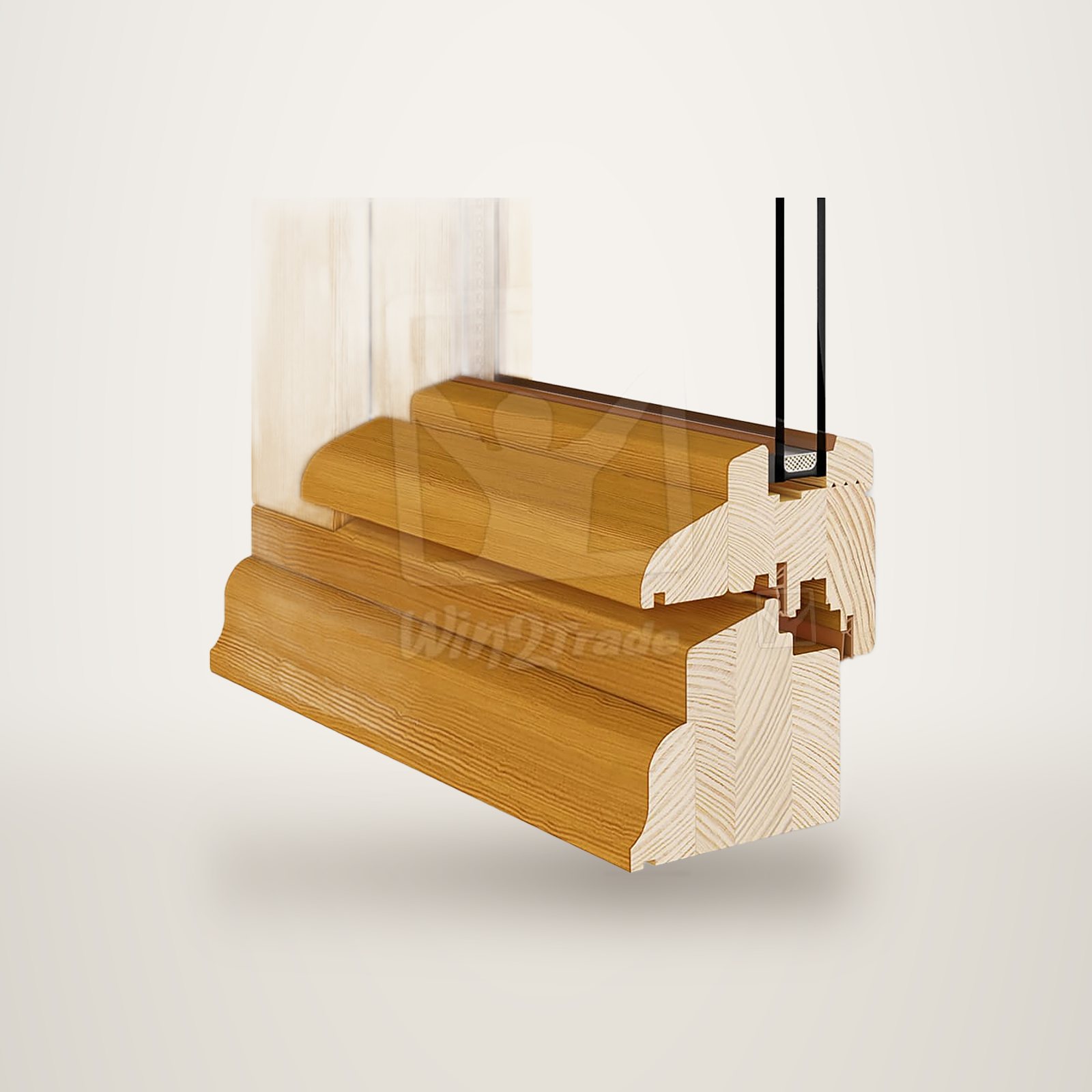 Vue en coupe d'un profilé de fenêtre en bois clair avec double vitrage, présentée sur fond blanc avec un filigrane en transparence.