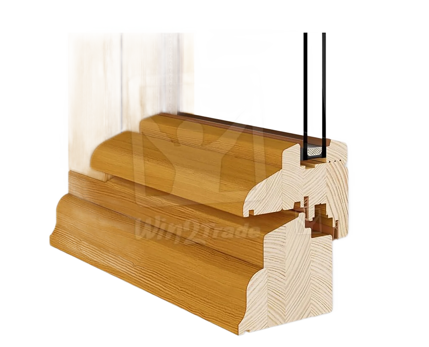 Rendu en coupe d'un profilé de fenêtre en bois massif avec double vitrage, présenté sur fond blanc.