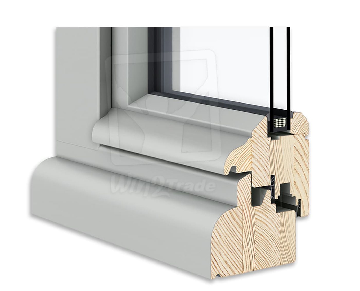 Coupe en coin d'un profilé de fenêtre en bois peint en gris clair, montrant le double vitrage et les couches de bois lamellé.