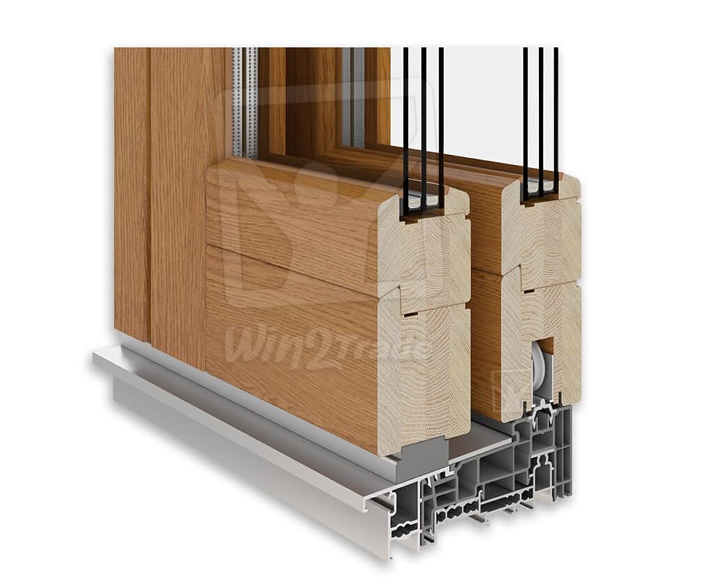 Vue en coupe d'une menuiserie coulissante en chêne avec triple vitrage et seuil en aluminium, présentée sur fond blanc.