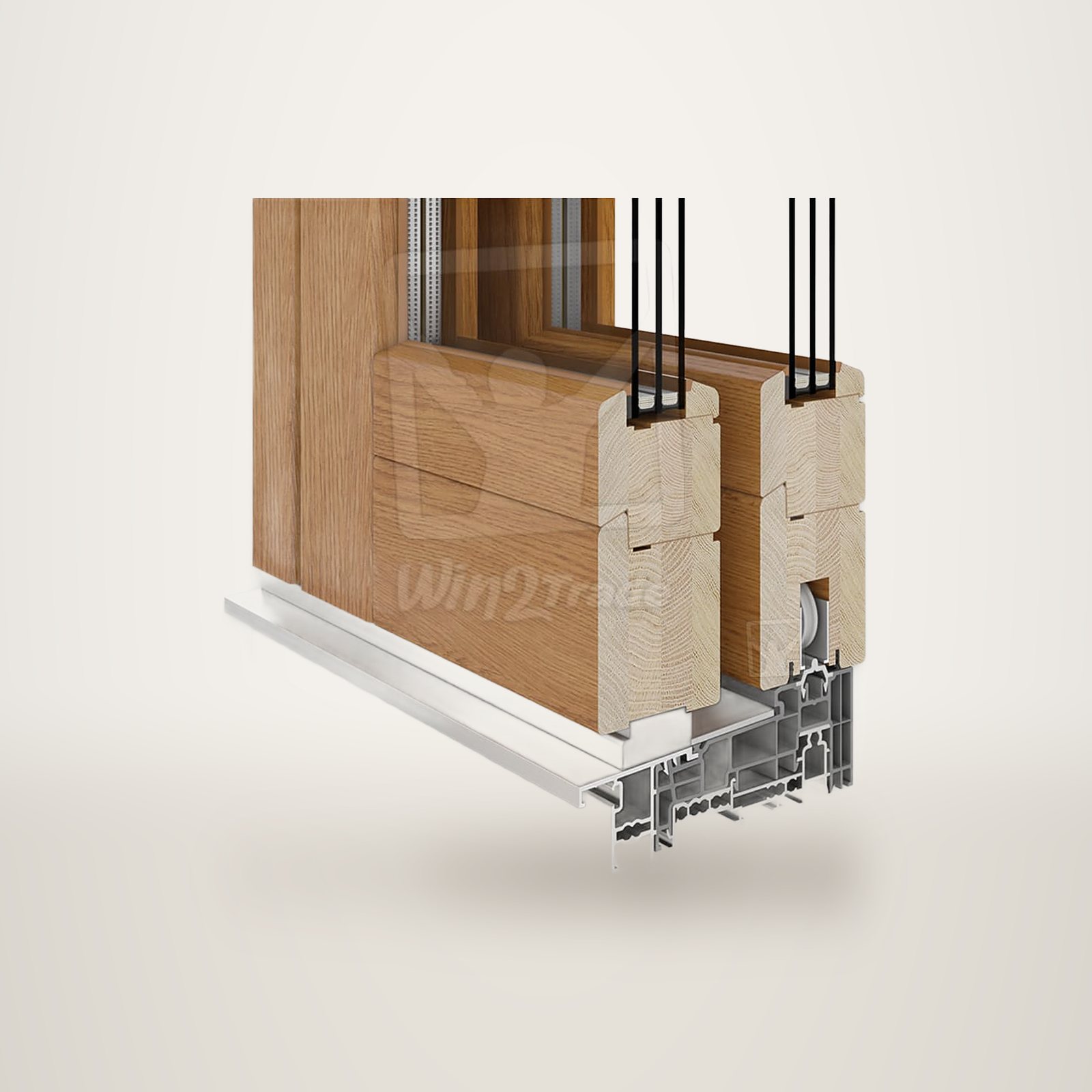 Vue en coupe d'une menuiserie coulissante en chêne avec triple vitrage et rail en aluminium, présentée sur fond blanc.