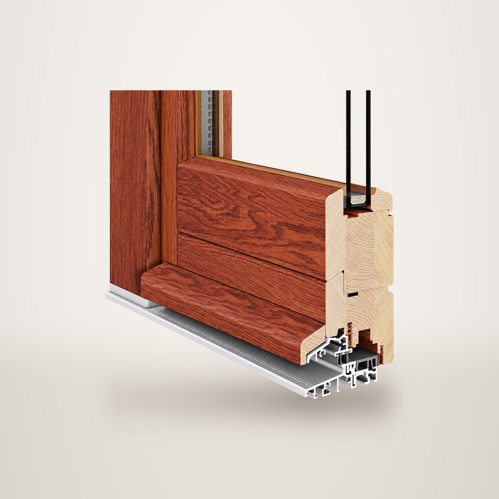 Vue en coupe d'un profilé de porte ou fenêtre en bois acajou avec double vitrage, joint et seuil en aluminium, sur fond blanc.