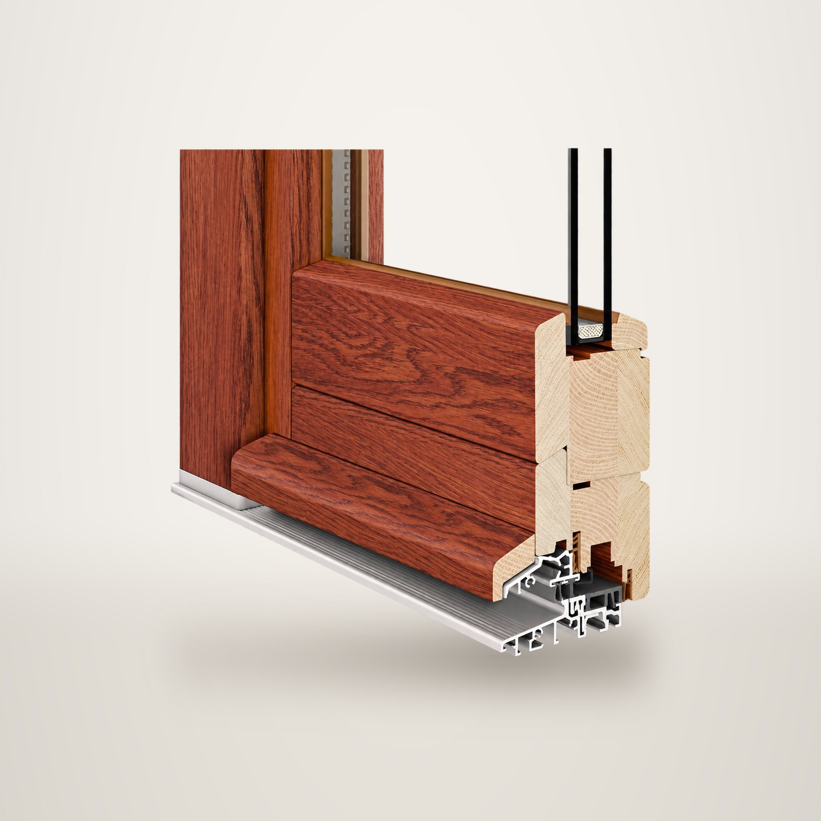 Vue en coupe d'un cadre de porte en bois de chêne teinté acajou avec double vitrage et seuil en aluminium, sur fond blanc.