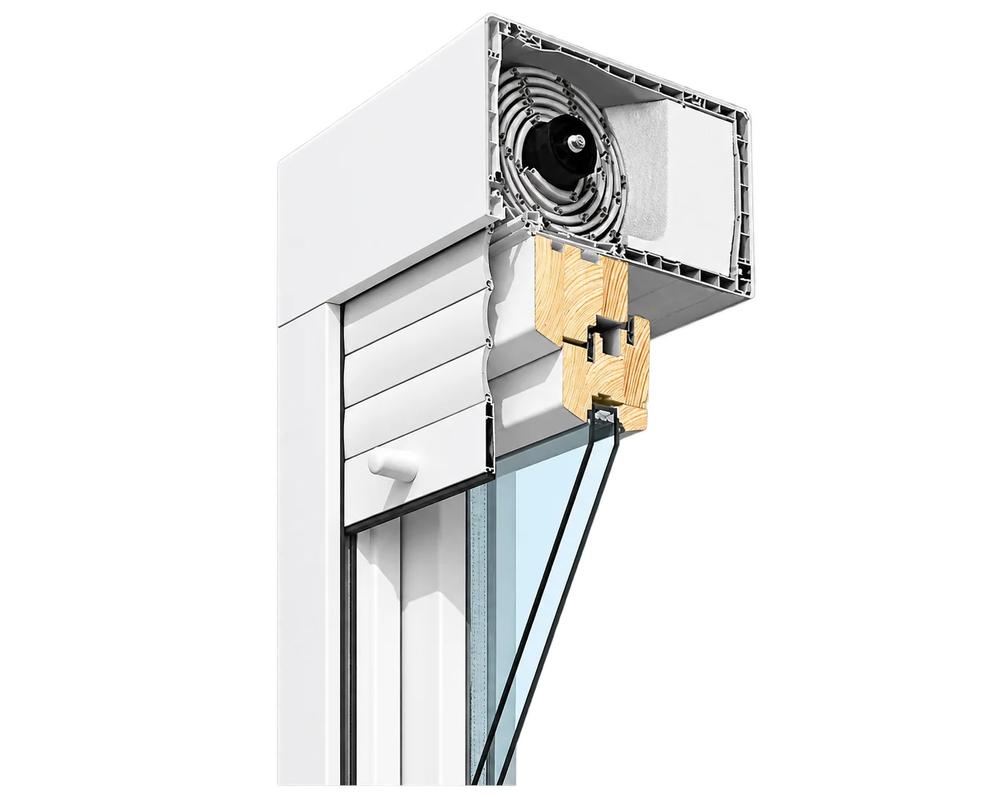 Vue en coupe d'un caisson de volet roulant blanc posé sur une fenêtre à cadre en bois et double vitrage, avec le tablier et l'axe d'enroulement visibles.