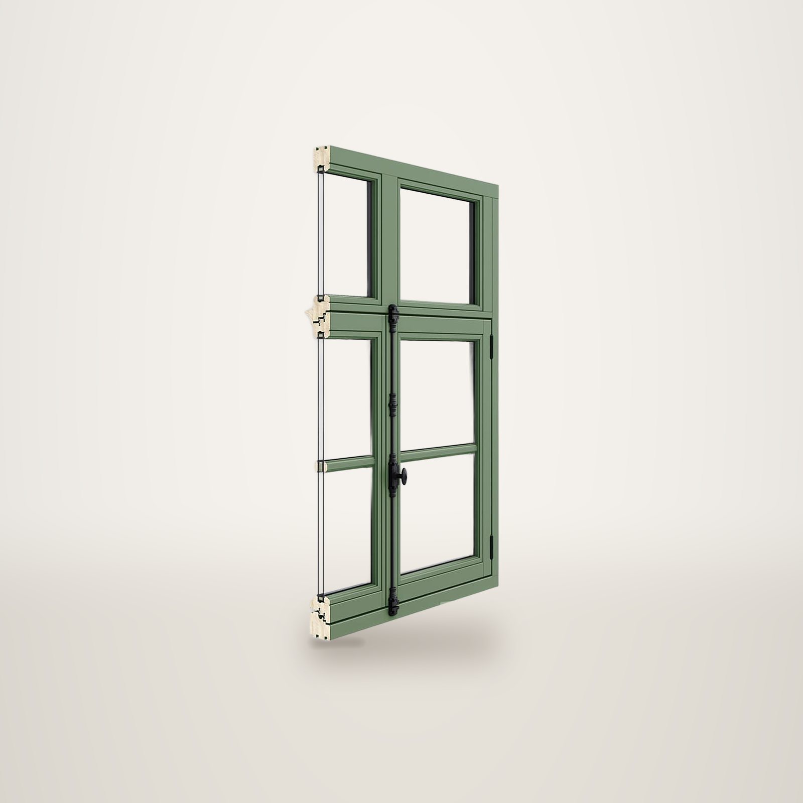 Rendu 3D d'une fenêtre en bois peinte en vert avec une espagnolette noire, dont la coupe laisse voir le profil du bois et le vitrage.