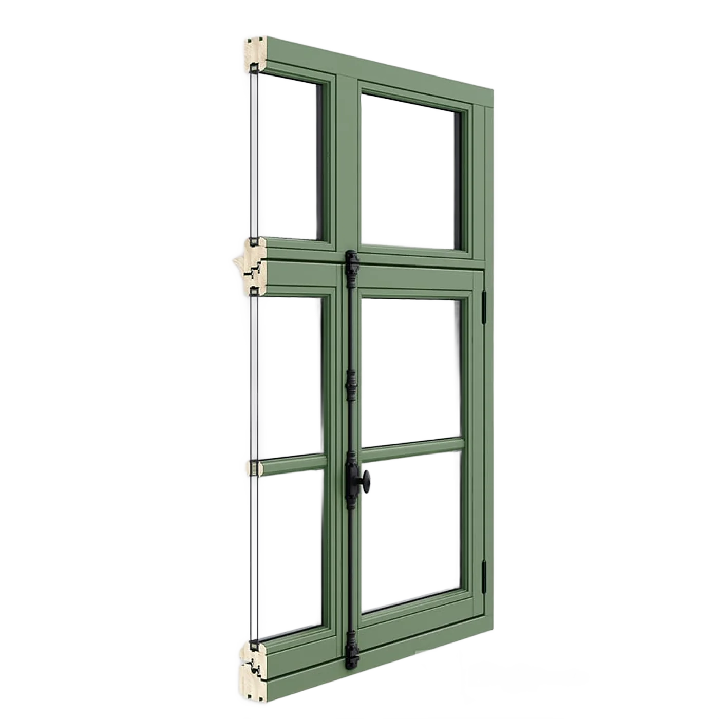 Rendu 3D d'une fenêtre en bois peinte en vert avec une espagnolette noire, dont la coupe laisse voir le profil du bois et le vitrage.