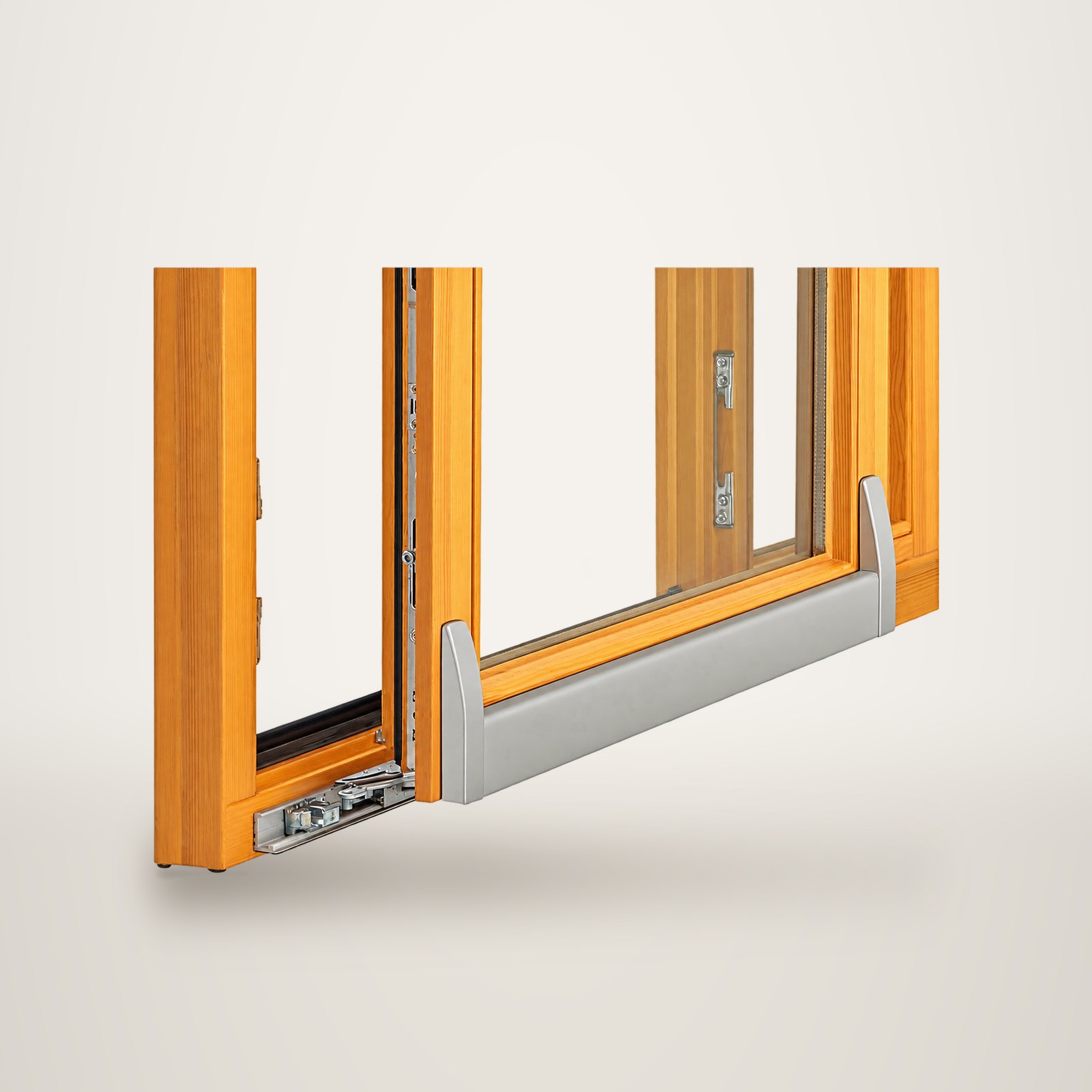 Gros plan sur une fenêtre coulissante en bois clair, avec son rail en aluminium et son mécanisme de fermeture, présentée sur fond blanc.