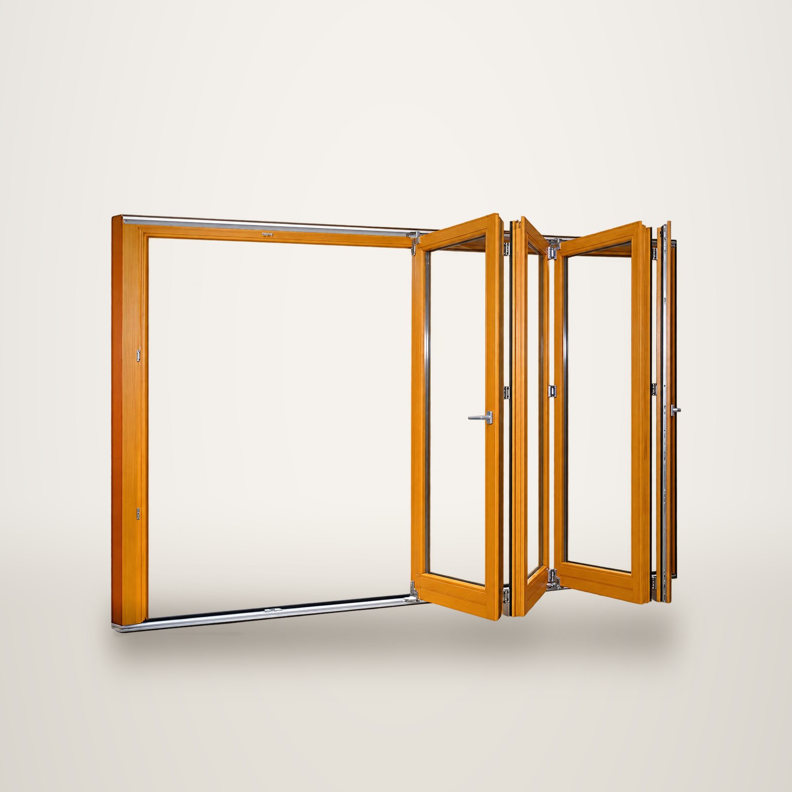Une porte accordéon en bois de teinte orange, vitrée, dont les panneaux sont repliés sur le côté devant un fond blanc.