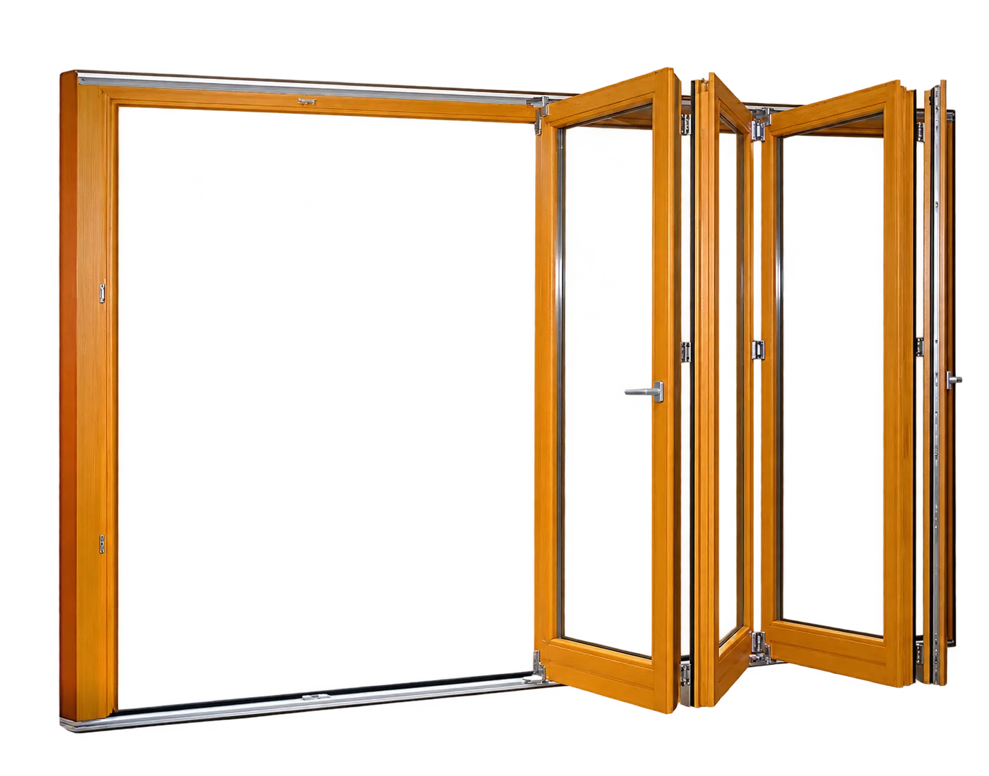 Une porte accordéon en bois de teinte orange, vitrée, dont les panneaux sont repliés sur le côté devant un fond blanc.